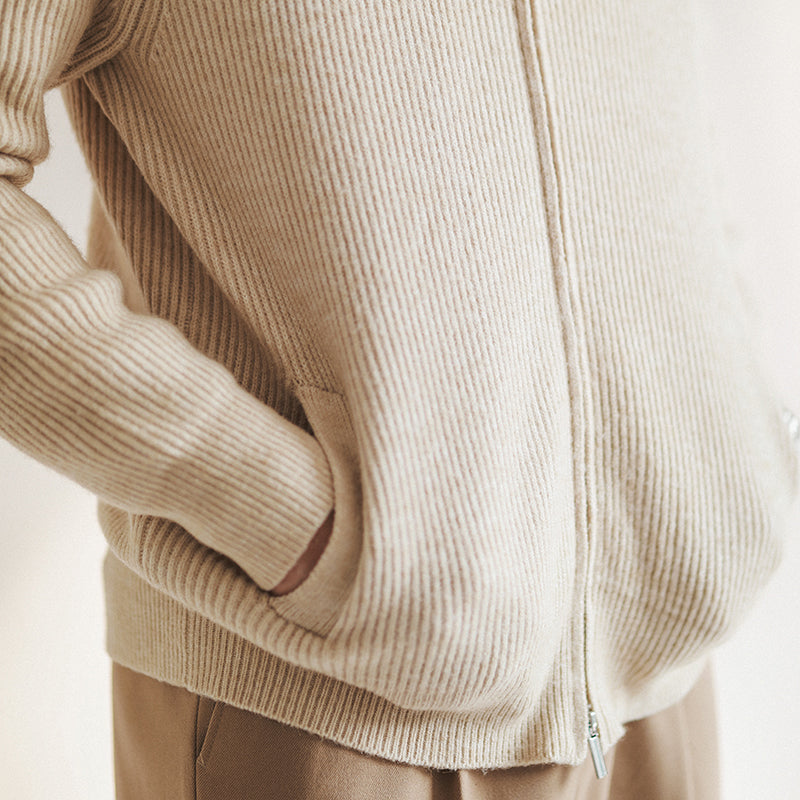 Men's Cardigan – Slim Fit – Wool Blend with Rib Structure – Zipper and High Collar