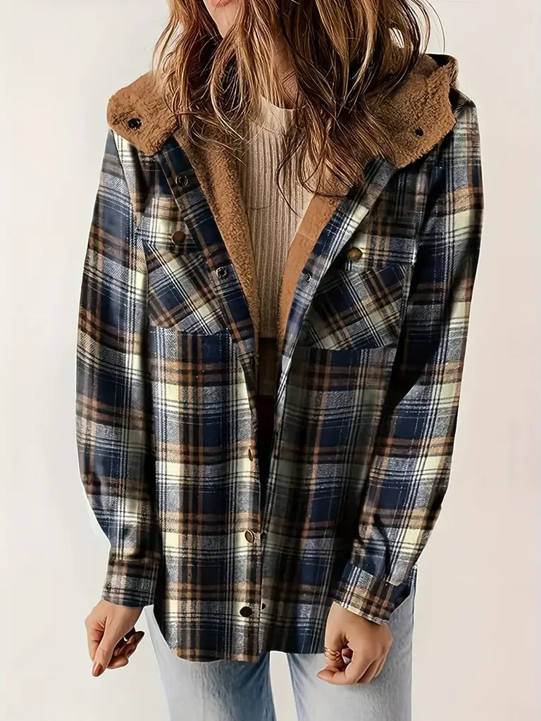 Hooded Plaid Sherpa-Lined Cotton Blend Shacket
