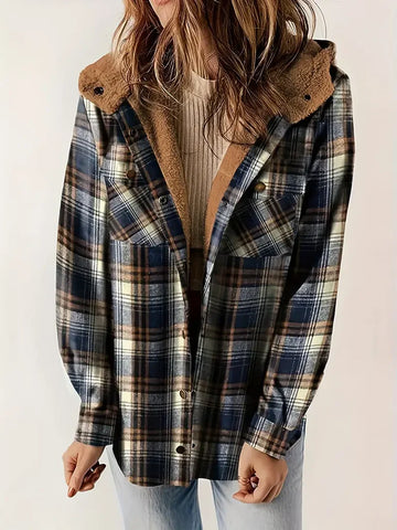 Hooded Plaid Sherpa-Lined Cotton Blend Shacket