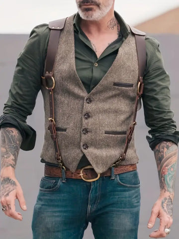 Herrevest - Uldlook - Slank Pasform - V-hals - Knaplukning - Klassisk Design