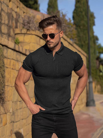 Ribbed Knit Slim Fit Short-Sleeved Polo Shirt