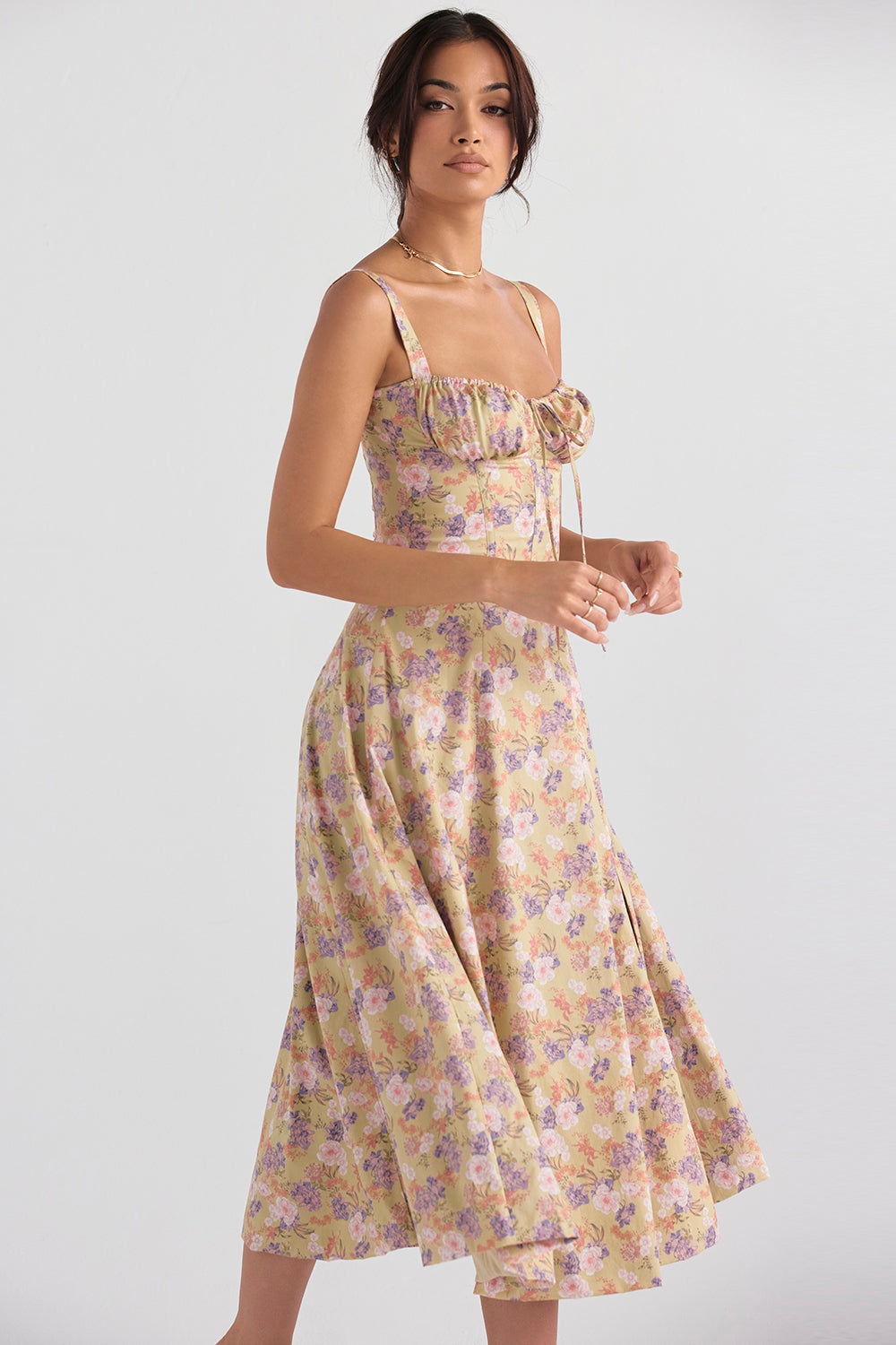 Women's Midi Dress - Floral Print - Sweetheart Neckline - A-line Cut