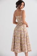 Women's Midi Dress - Floral Print - Sweetheart Neckline - A-line Cut