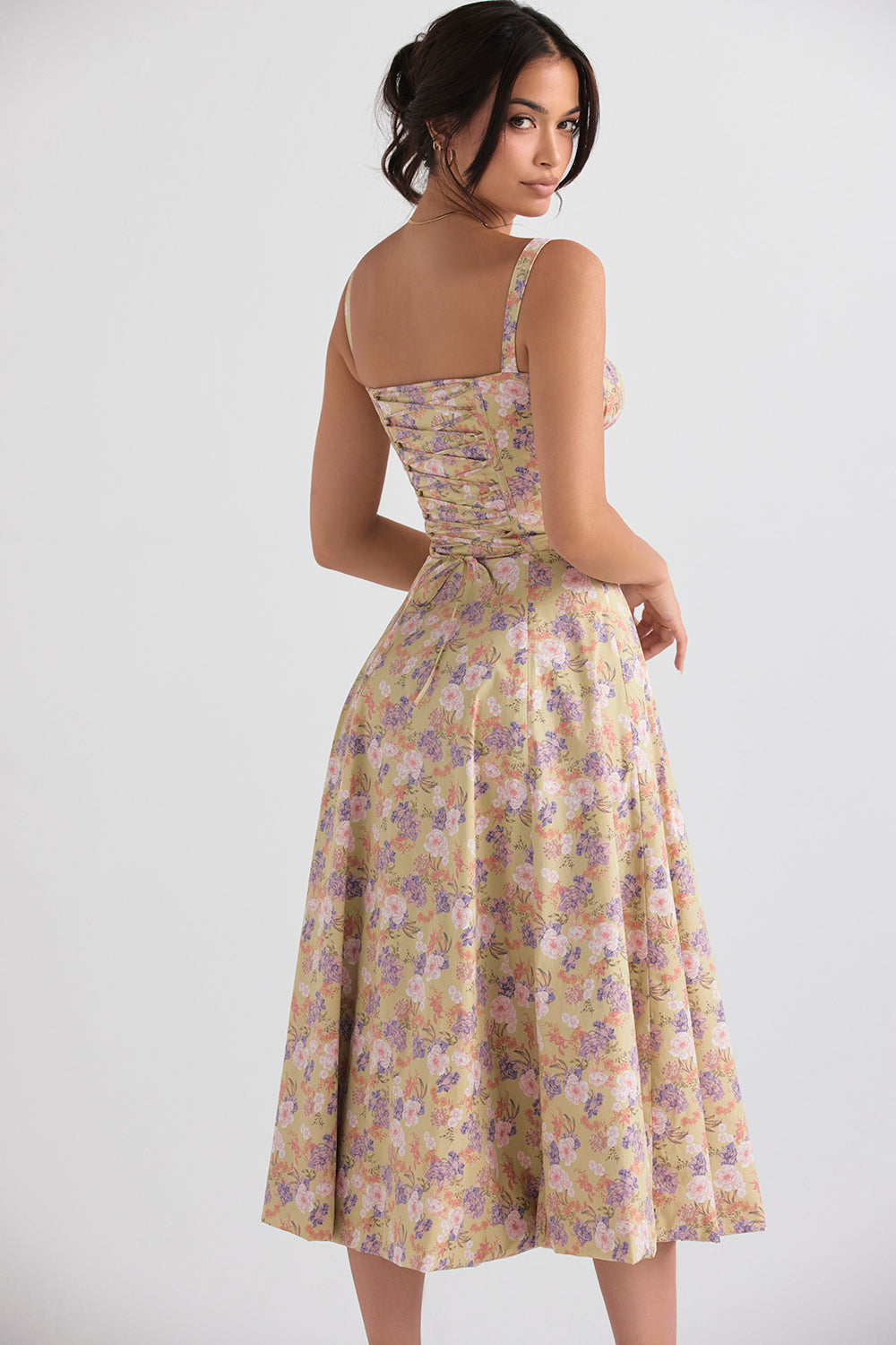 Women's Midi Dress - Floral Print - Sweetheart Neckline - A-line Cut