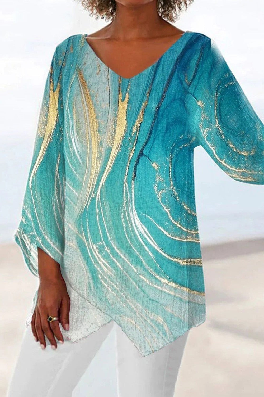 Breathable Marble Print Asymmetric Blouse