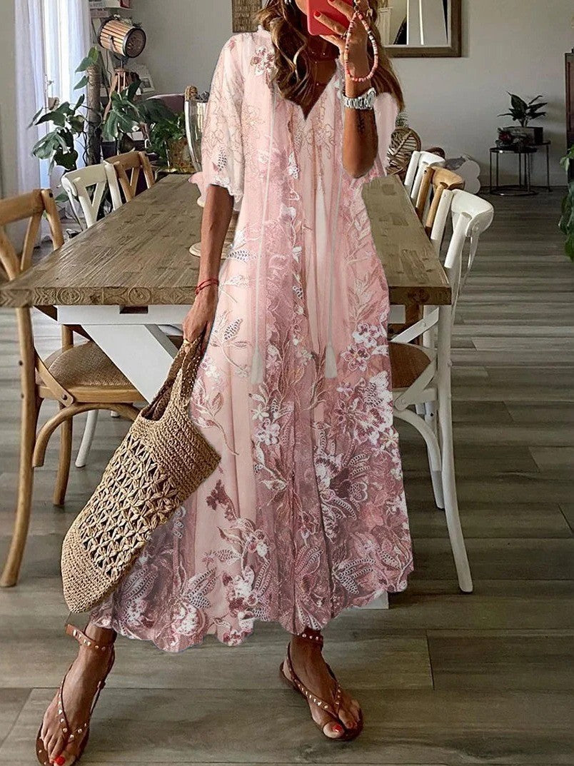 Women's Maxi Dress – Loose Fit – V-Neck – Lace Flower Pattern – Breathable Fabric