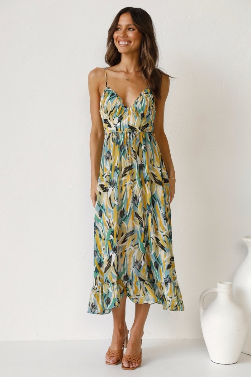 Women's Dress Midi – Light Chiffon – Relaxed Fit – Spaghetti Straps – V-Neck