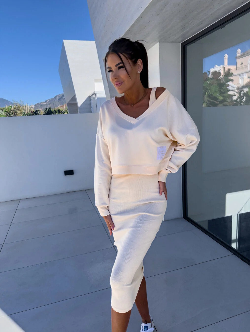 Stretchable Bodycon Crop Top Midi Skirt Set