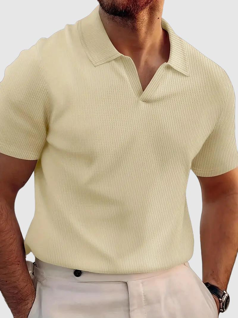 Ribbed Knit V-Neck Polo T-Shirt