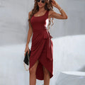 Women's Asymmetric Wrap Dress - Sleeveless - Square Neck - Adjustable Waist