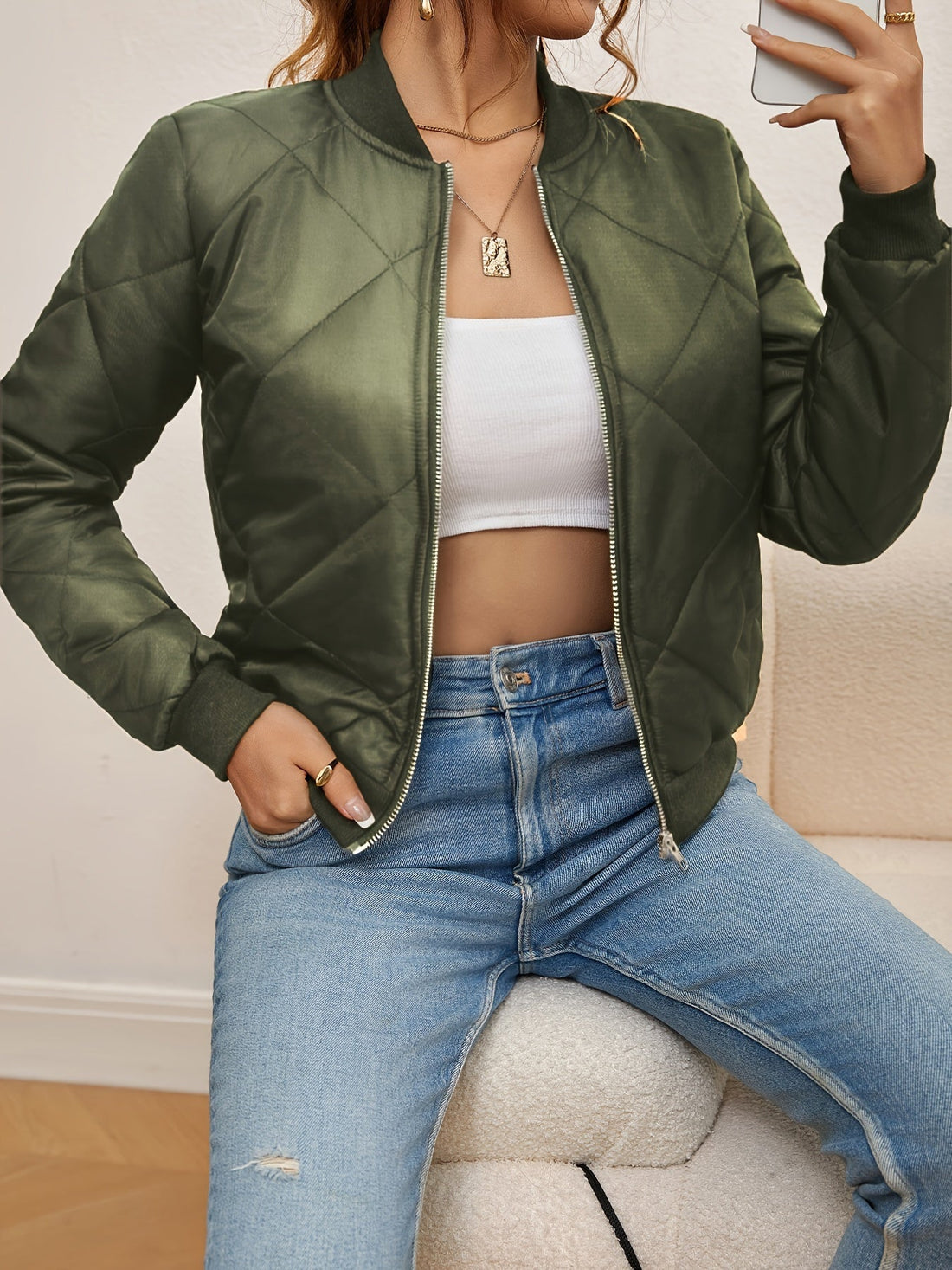 Quilted Argyle Cropped Bomber Jacket