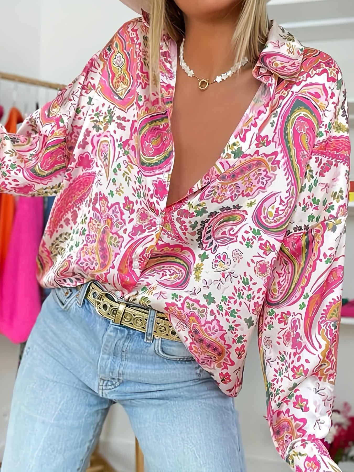 Women's Blouse - Lightweight Silky Fabric - Loose Fit - V-neck with Collar