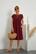 Women's Midi Dress - Loose Fit - Short Sleeves - Round Neck - With Side Pockets