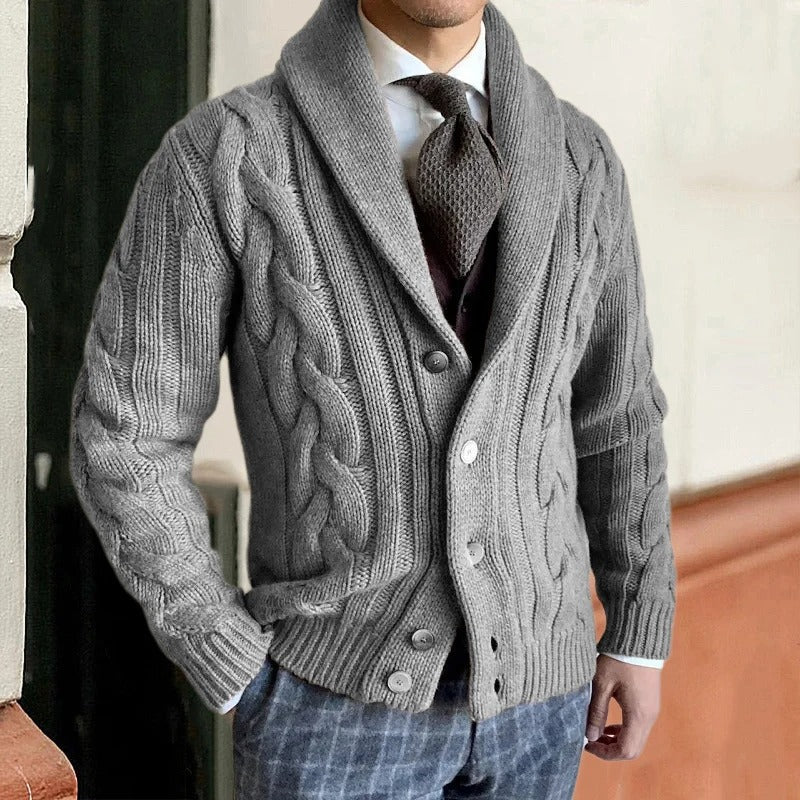 Wool Blend Cable Knit Shawl Collar Cardigan