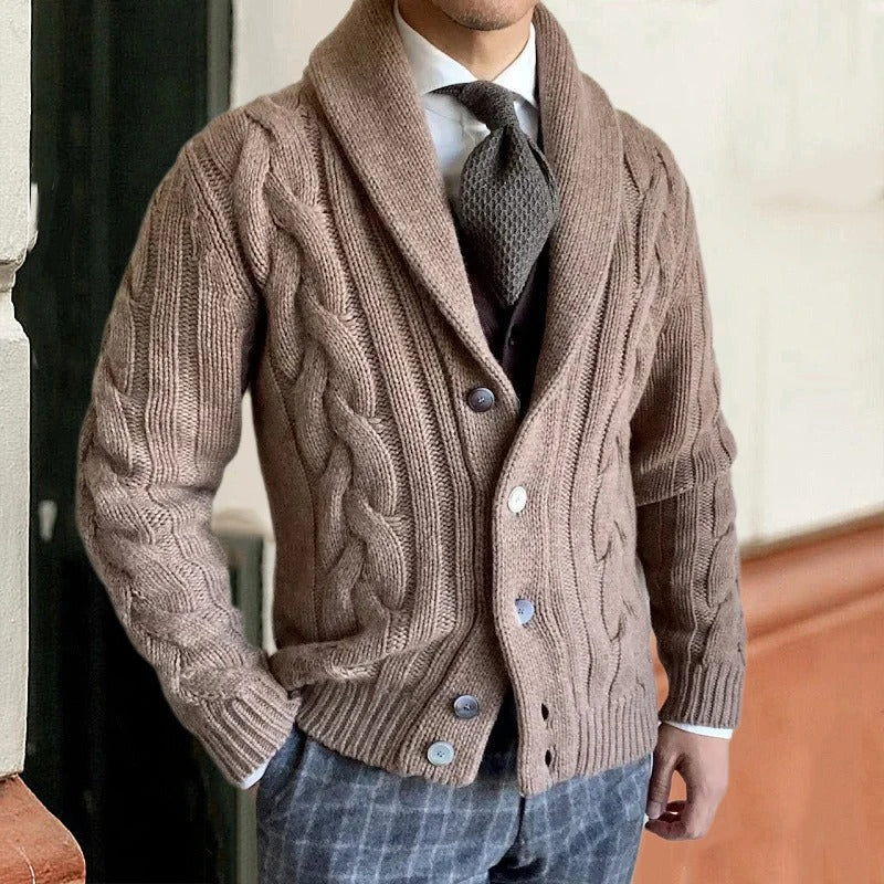 Wool Blend Cable Knit Shawl Collar Cardigan
