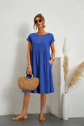 Women's Midi Dress - Loose Fit - Short Sleeves - Round Neck - With Side Pockets