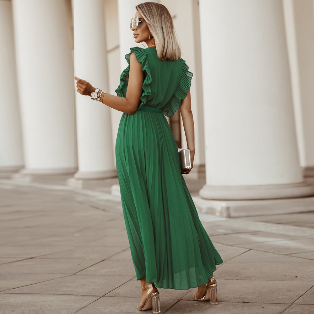 Dame Maxi Kjole - Ærmeløs V-Hals - Plisseret Ruffle Skulder - Elegant Ankel-Længde