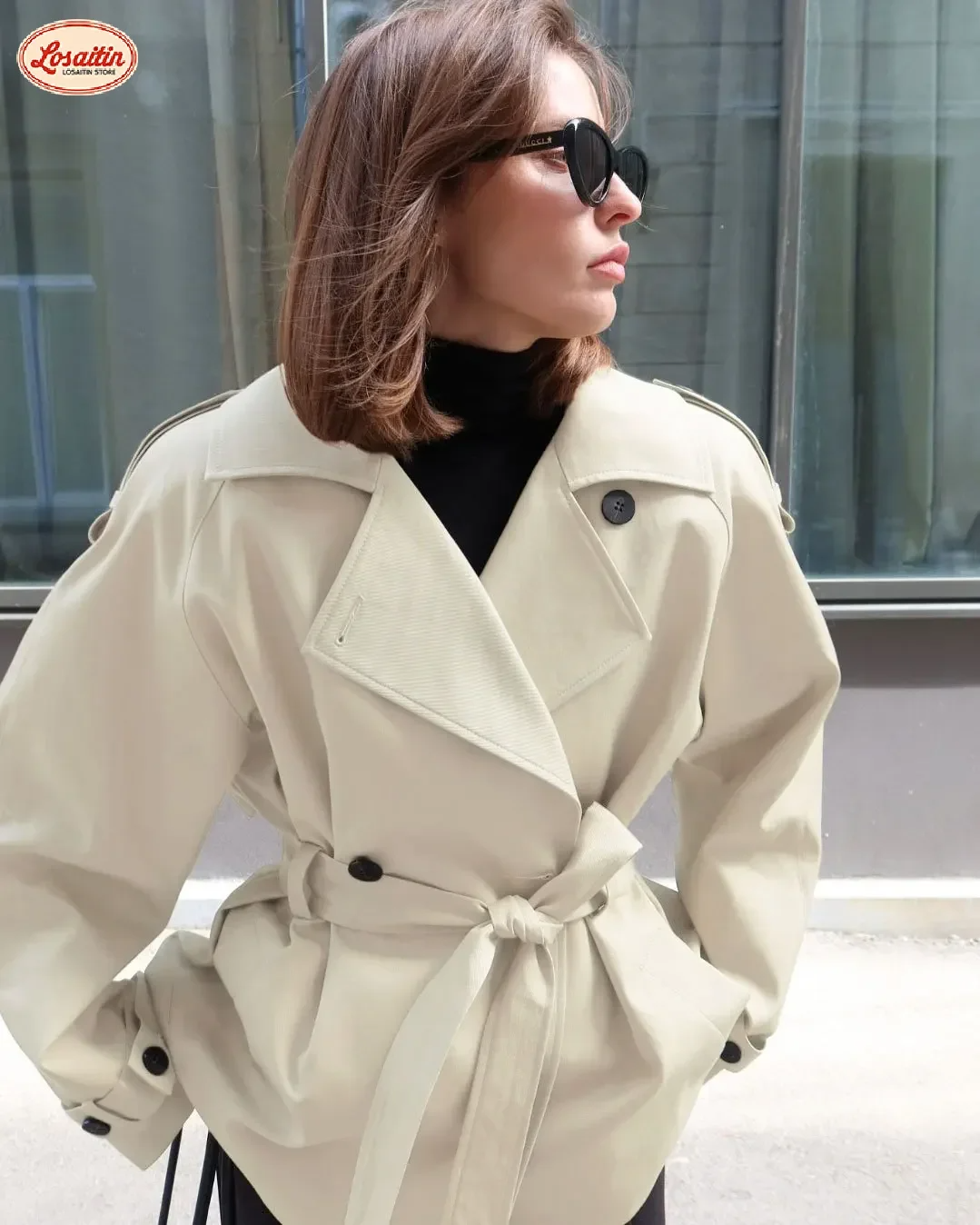 Belted Cotton Blend Cropped Trench Coat