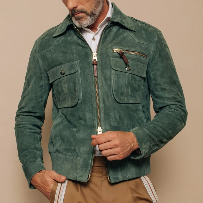 Suede Slim Fit Two-Way Zip Bomber Jacket
