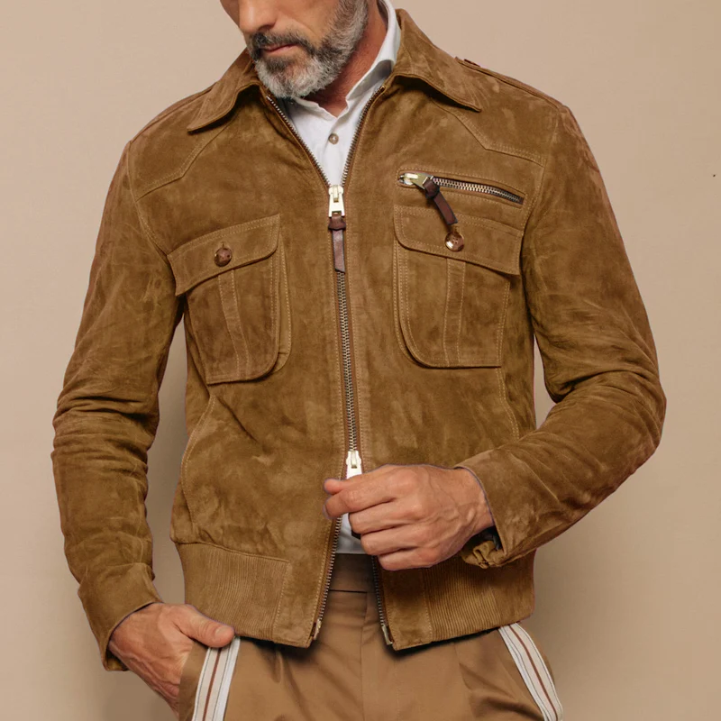 Suede Slim Fit Two-Way Zip Bomber Jacket
