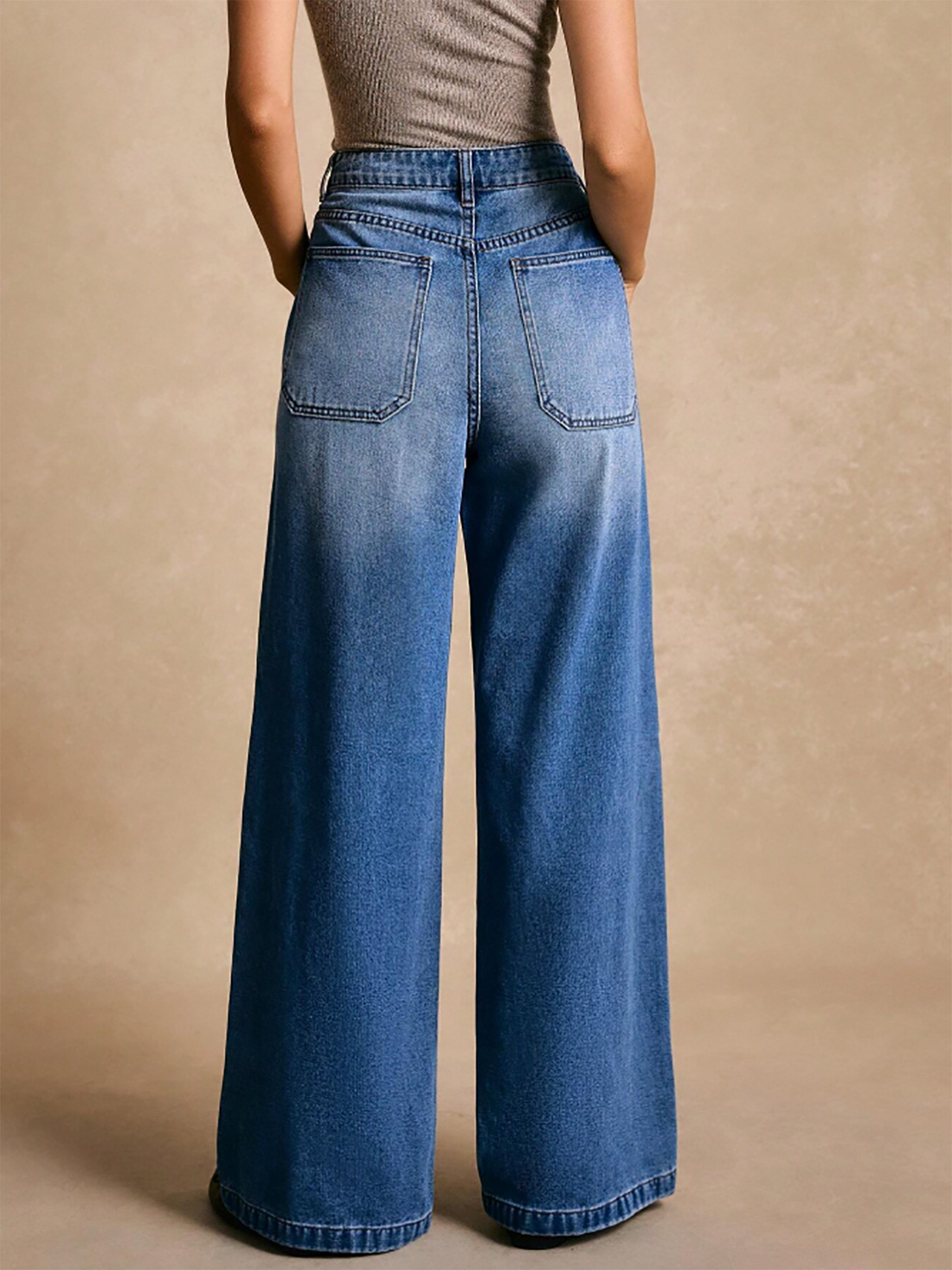Studded High Waist Wide-Leg Denim Trousers