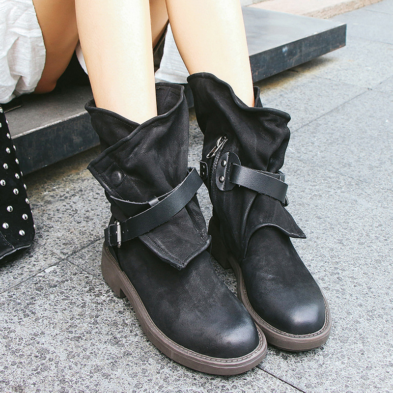 Slouchy Buckle Lug Sole Mid-Calf Boots