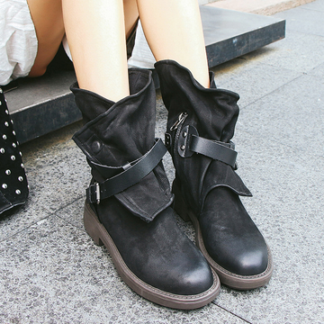 Slouchy Buckle Lug Sole Mid-Calf Boots
