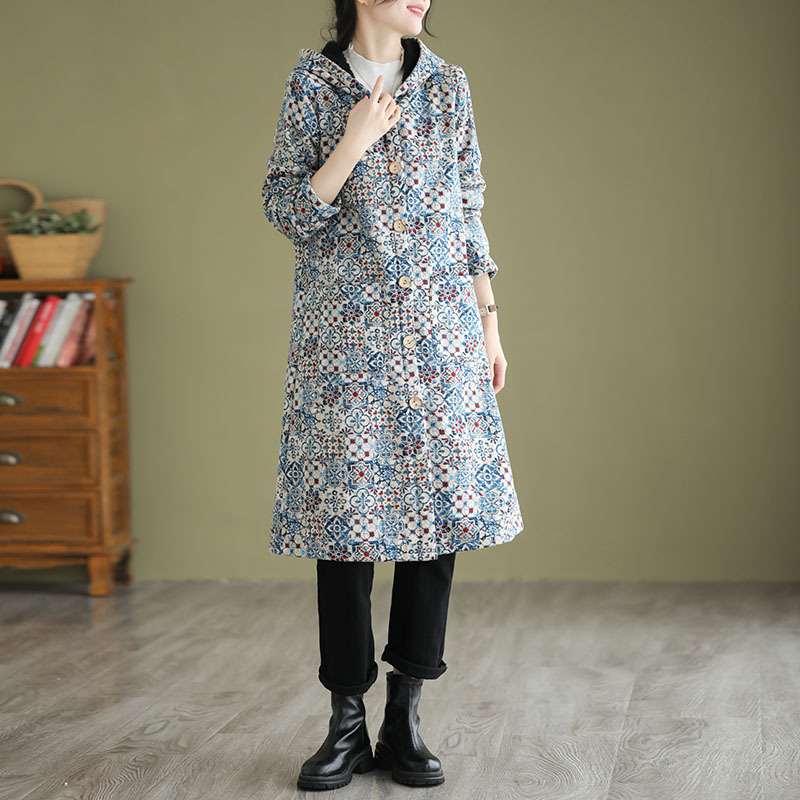 Geometric Pattern Hooded A-Line Trench Coat