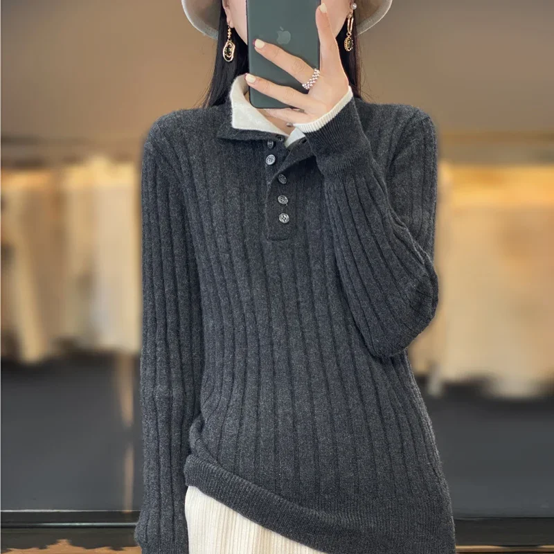 Ribbed Knit Polo Collar Pullover Sweater