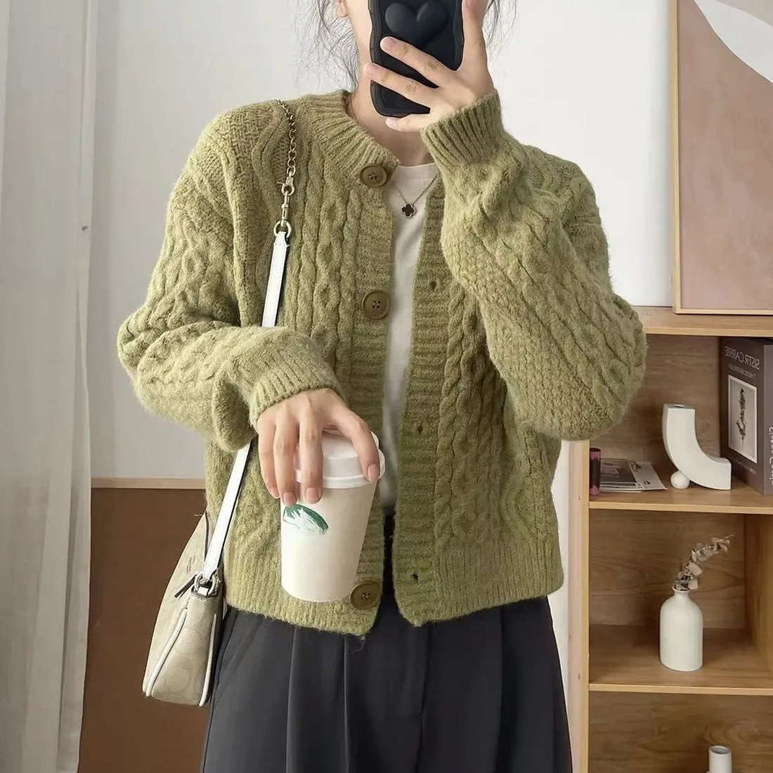 Wool Blend Relaxed Fit Crew Neck Cardigan