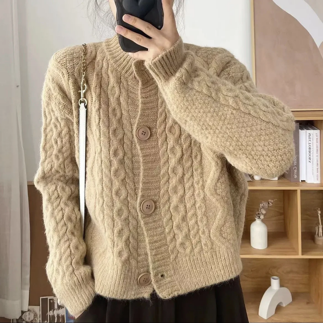 Wool Blend Relaxed Fit Crew Neck Cardigan