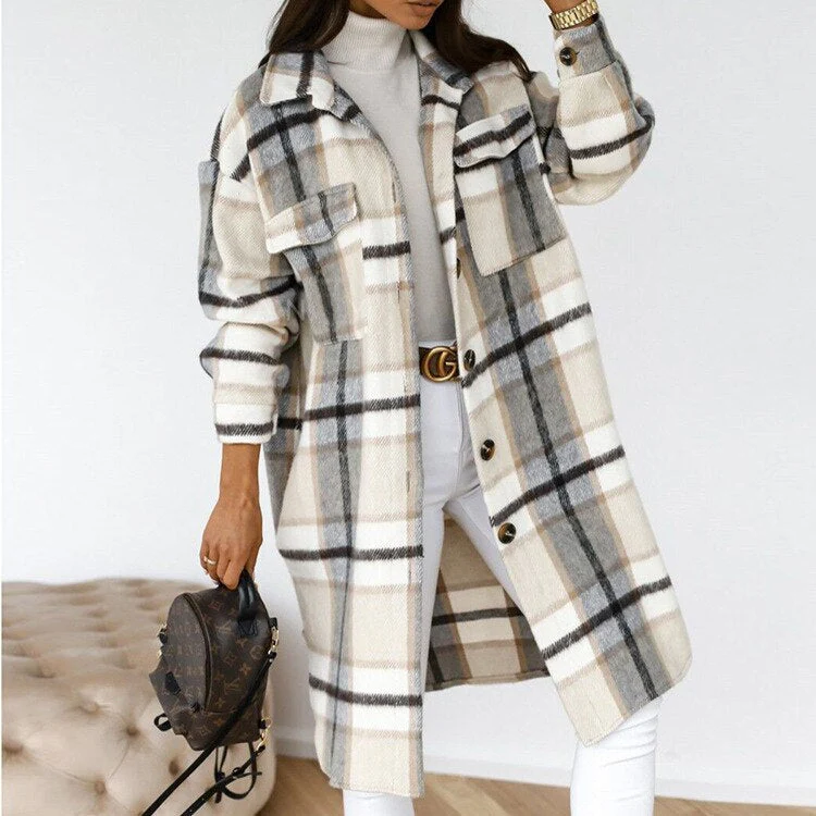 Thick Woven Plaid Mid-Thigh Shirt Coat