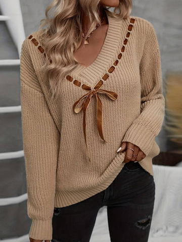 Knit Relaxed Fit V-Neck Ribbon Tie Sweater