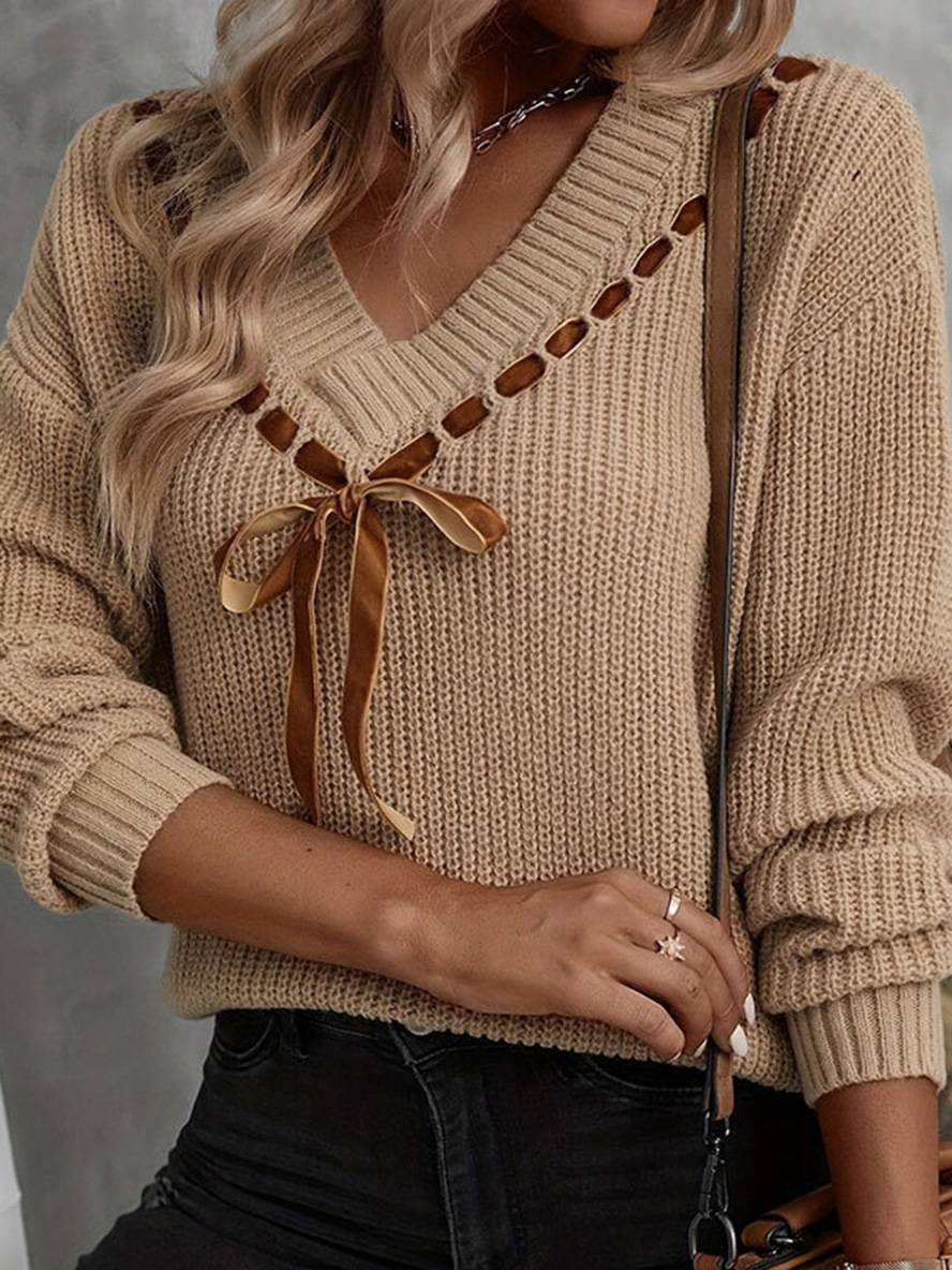 Knit Relaxed Fit V-Neck Ribbon Tie Sweater