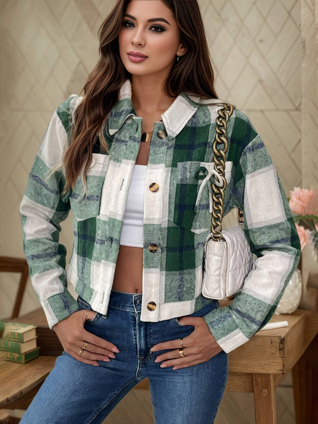 Wool Blend Plaid Cropped Jacket