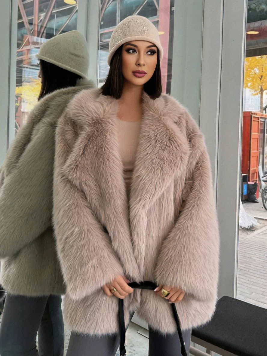 Faux Fur Belted Notched Lapel Coat
