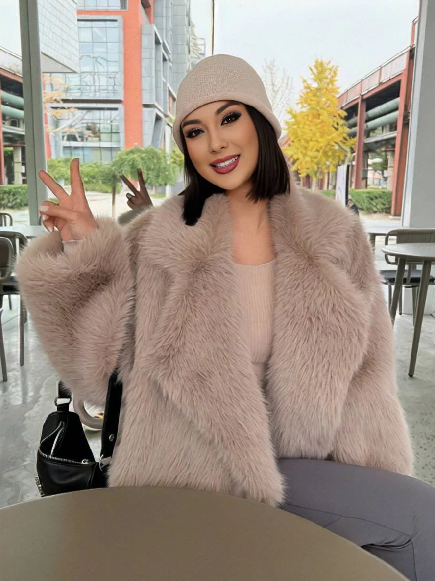 Faux Fur Belted Notched Lapel Coat