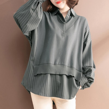 Knit Woven Oversized Balloon Sleeve Layered Sweatshirt