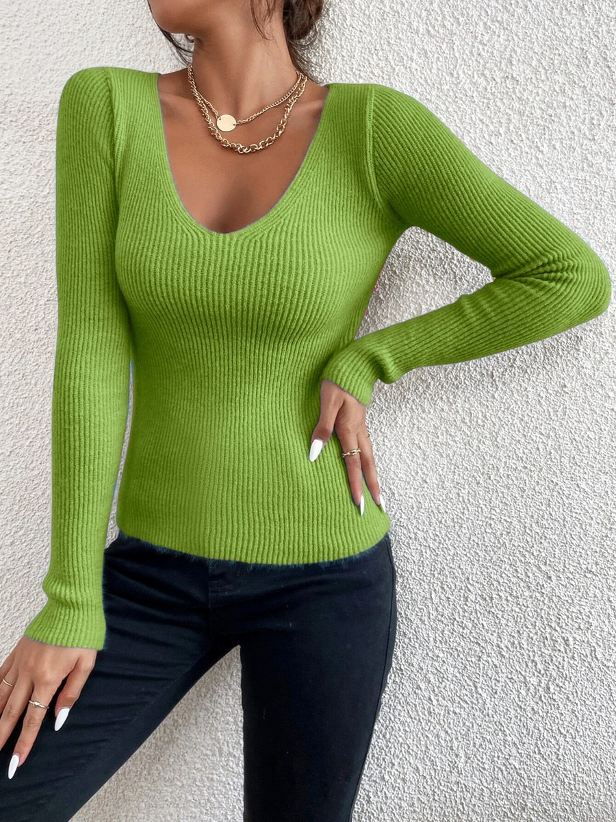 Ribbed Knit Slim Fit Deep V-Neck Top