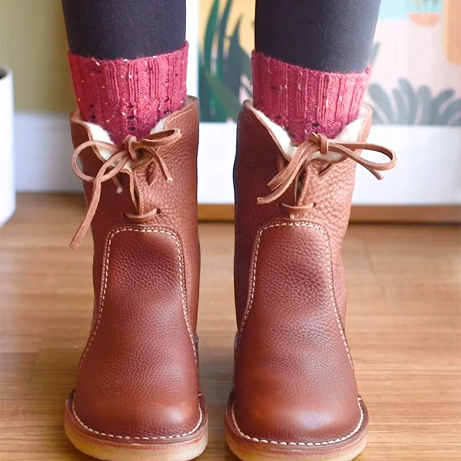 Lace-Up Leather Plush Faux Shearling Ankle Boots