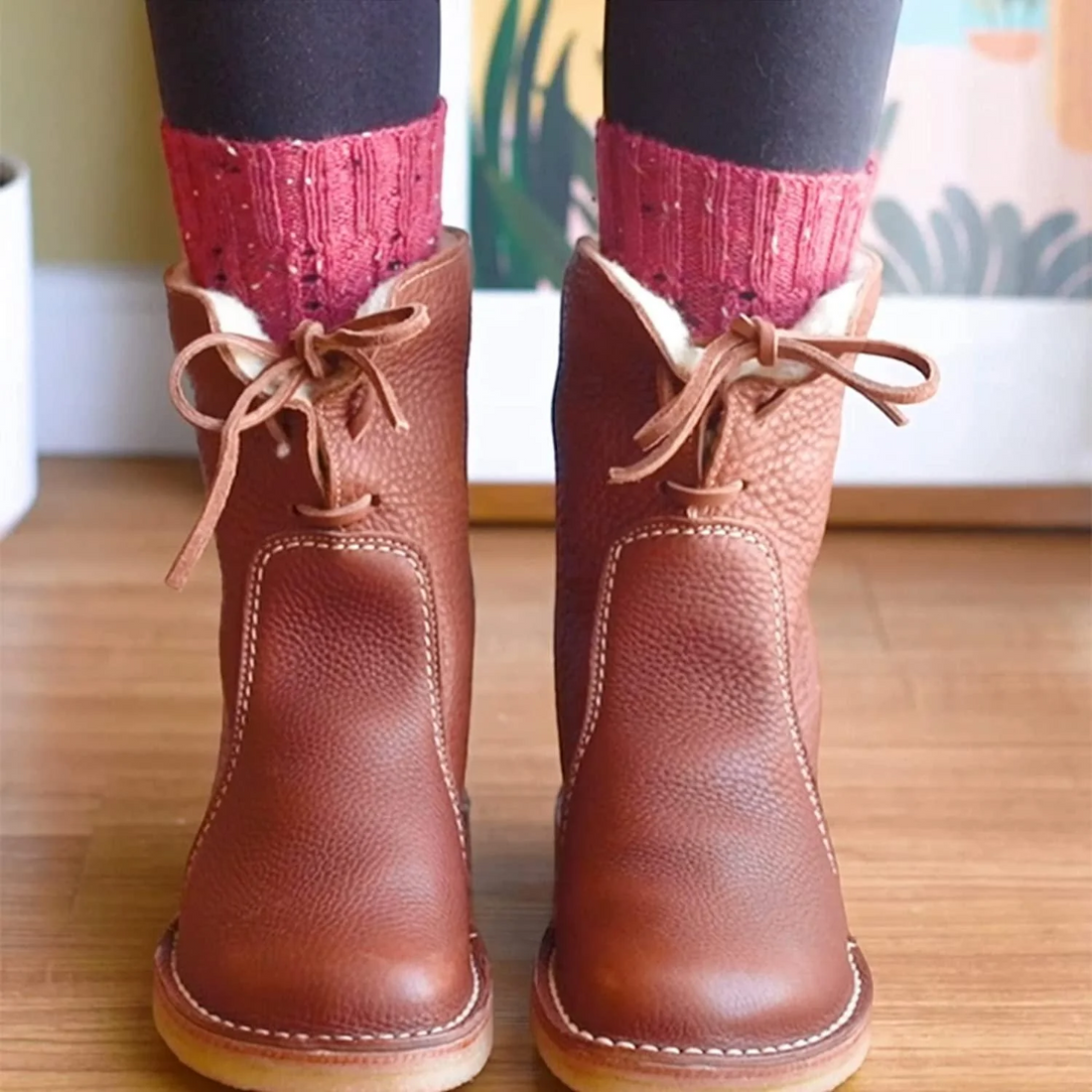 Lace-Up Leather Plush Faux Shearling Ankle Boots