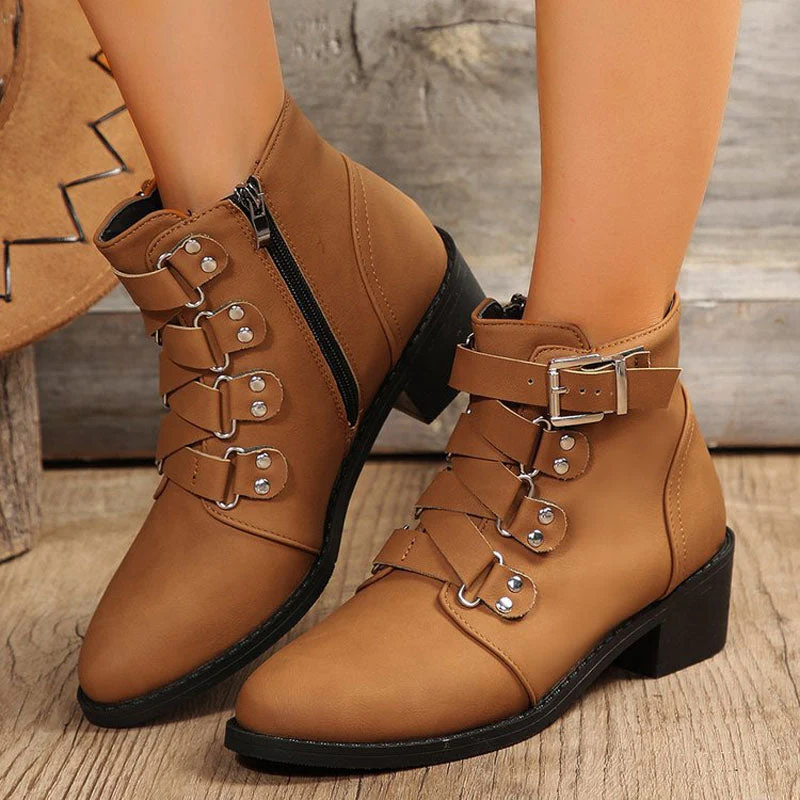 Faux Leather Buckle Strap Ankle Boots