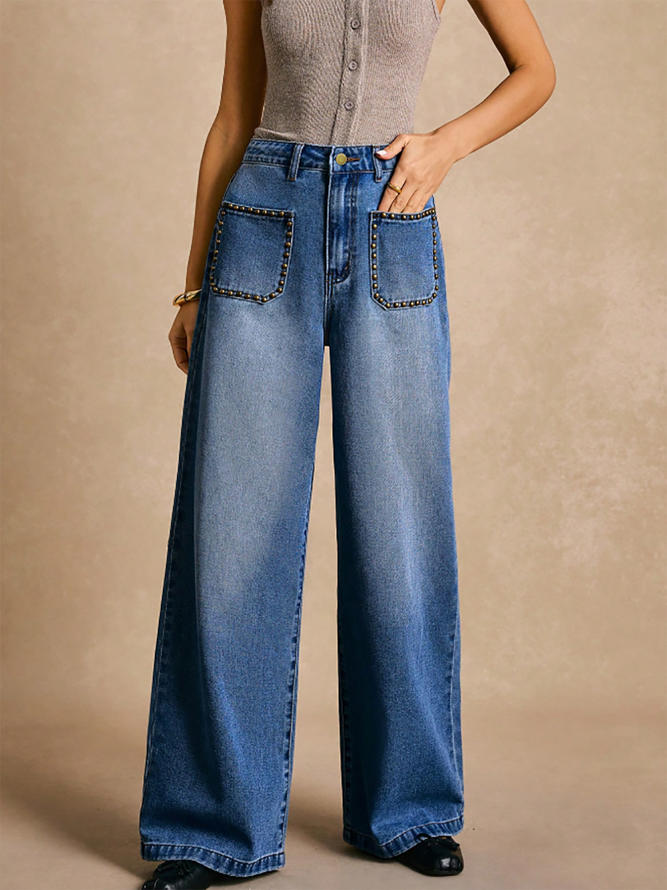 Studded High Waist Wide-Leg Denim Trousers
