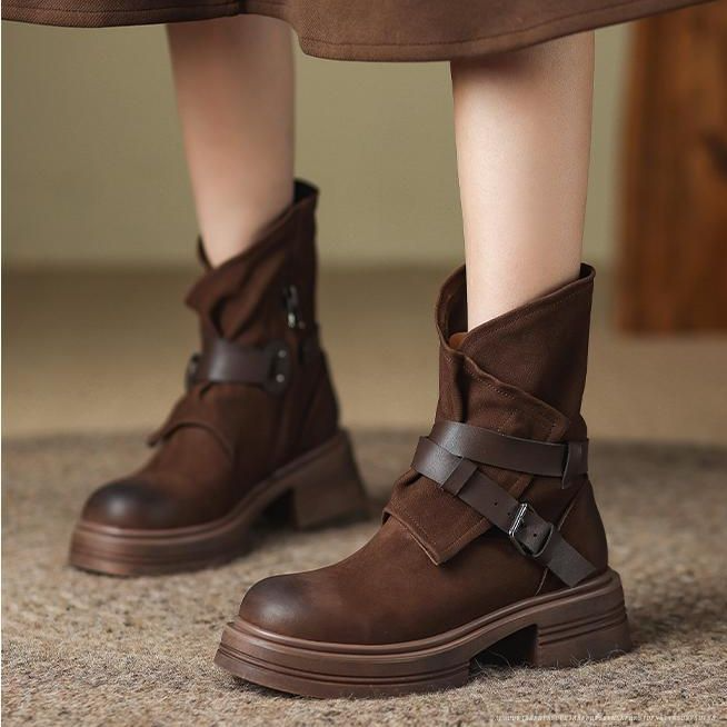Slouchy Buckle Lug Sole Mid-Calf Boots