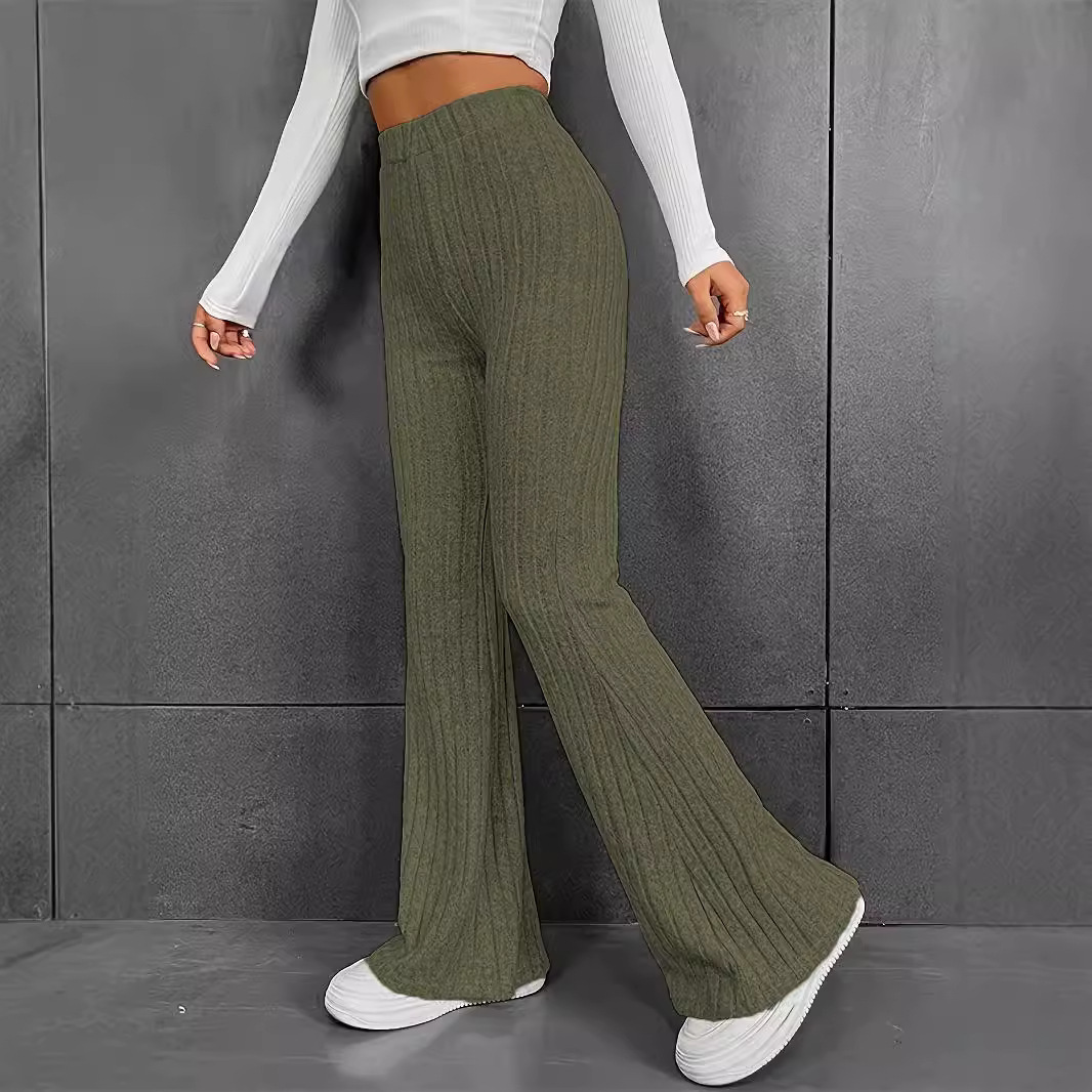 High Waist Ribbed Knit Flared Trousers