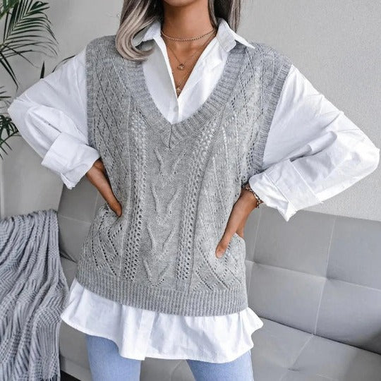 Cotton Blend Relaxed Fit Cable Knit Knitted Vest