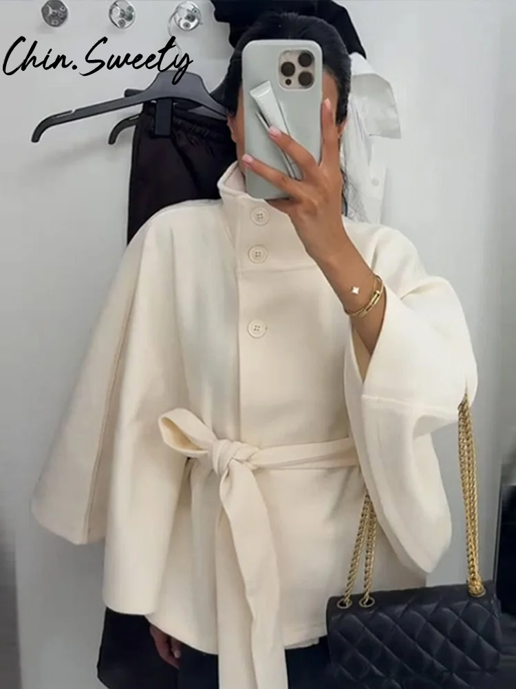 Wool Blend Belted Draped Cape Jacket