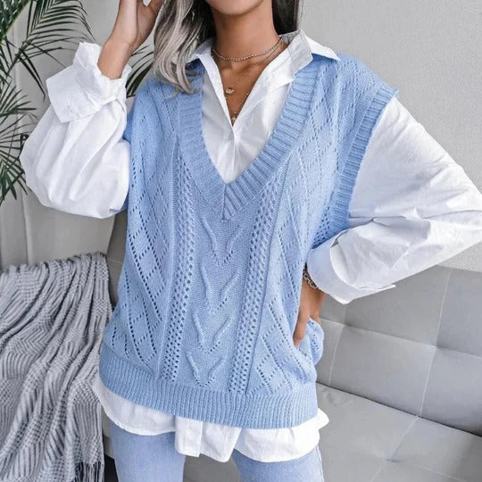 Cotton Blend Relaxed Fit Cable Knit Knitted Vest