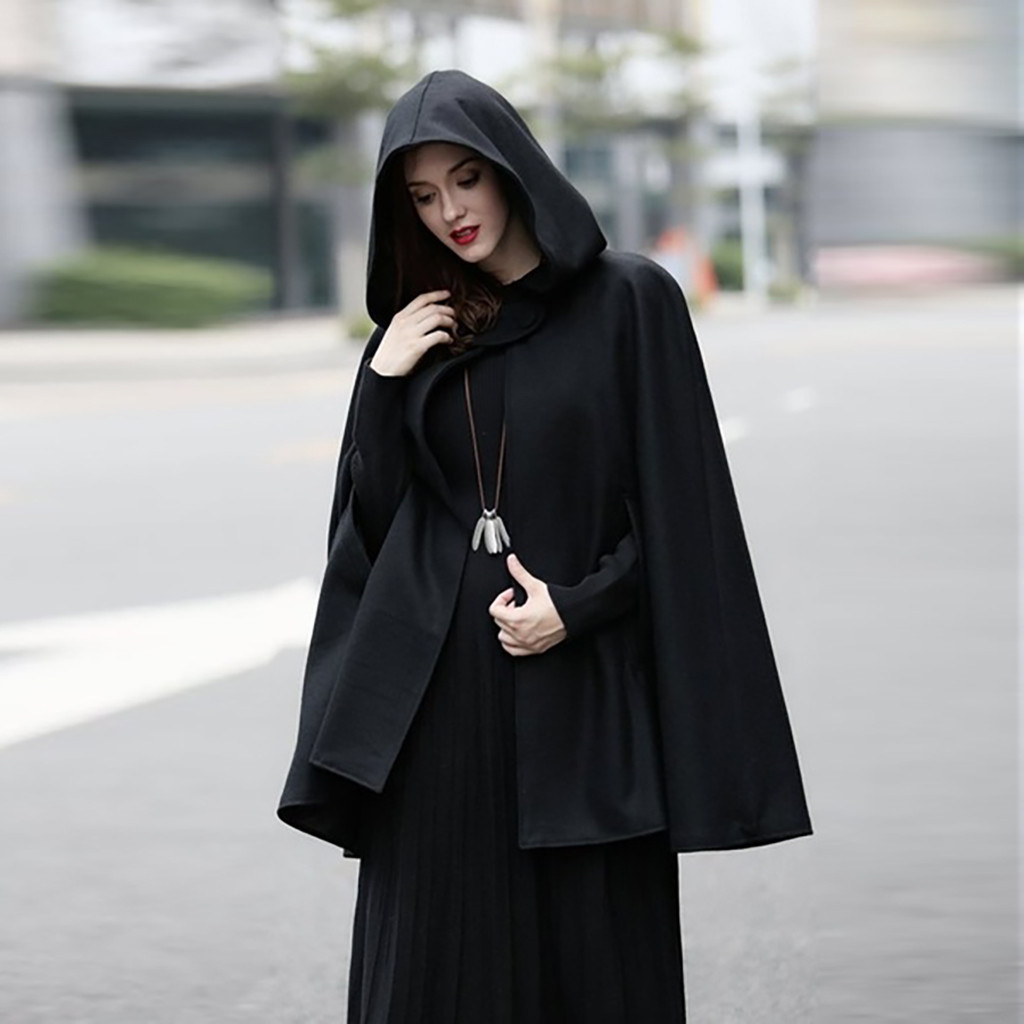 Wool Blend Hooded Loose Fit Cape