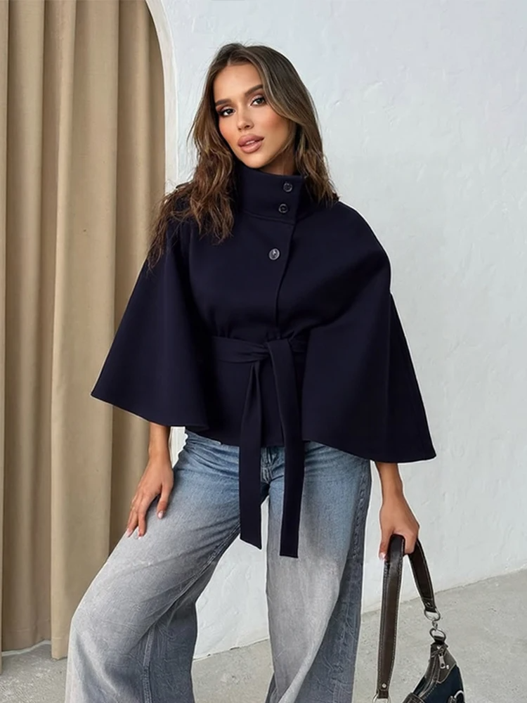 Belted Flowing Wool Blend Cape Jacket